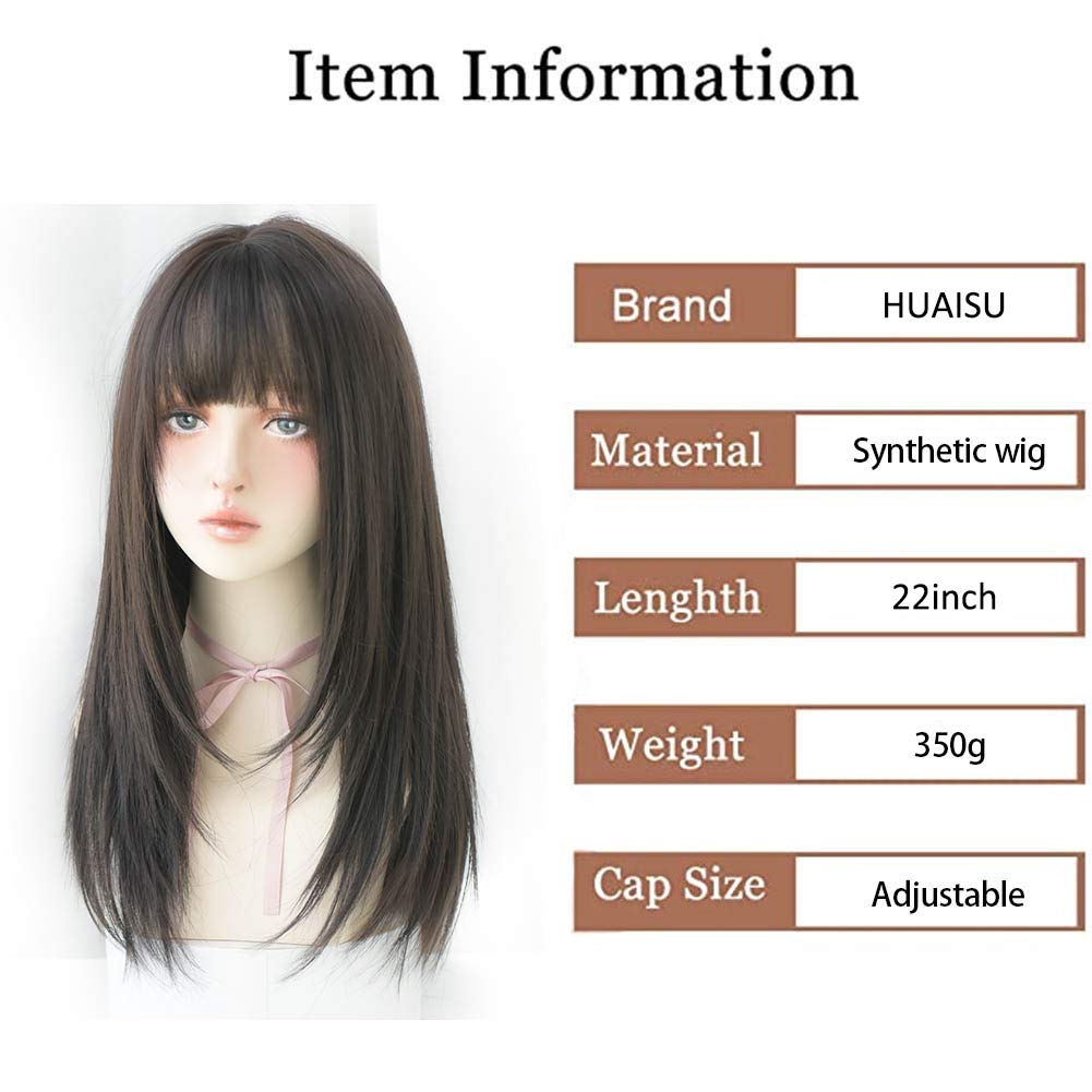 Long Black Straight Hair Wig with Bangs Synthetic High Density Long Hair Wig for Women (Black)