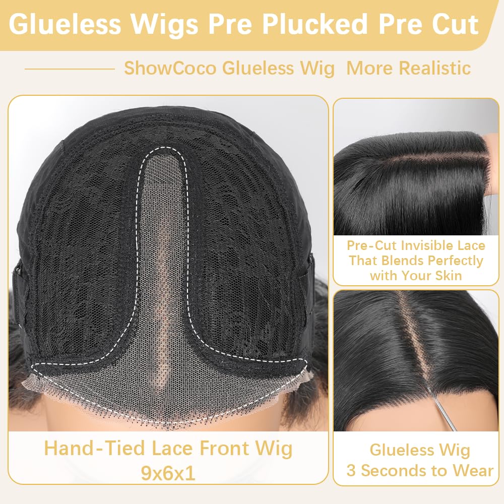 Black Wig for Women 26 Inch Pre Cut Hand-Tied Lace Long Wavy Natural Hairline Middle Part Hair Replacement Wigs for Women Beginners Natural Synthetic Wig for Daily Party 3 Seconds to Wear