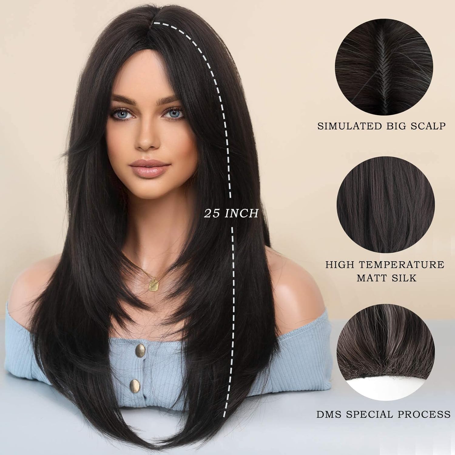 Long Natural Black Wig with Bangs Straight Wigs for Women,Heat Resistant Layered Synthetic Wigs for Daily Use