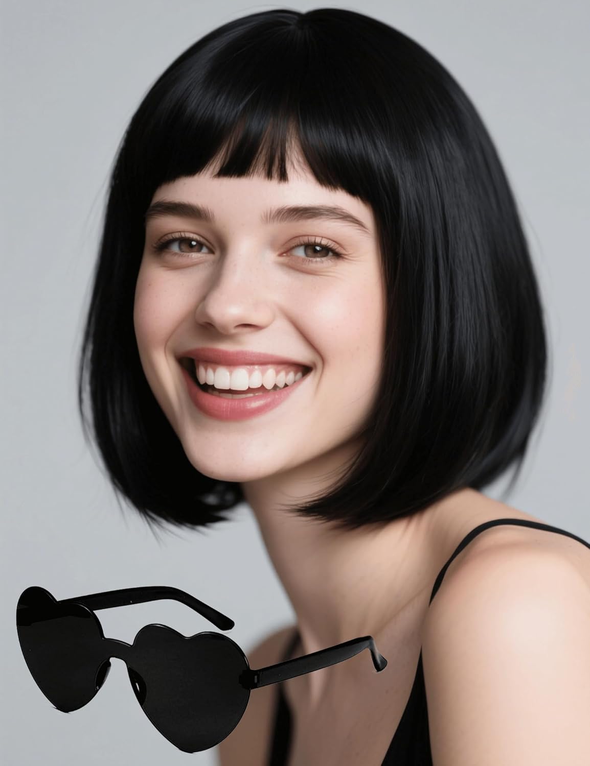 Black Bob Wig with Heart Sunglasses - Heat-Resistant, Synthetic Fiber, Adjustable and Natural Looking