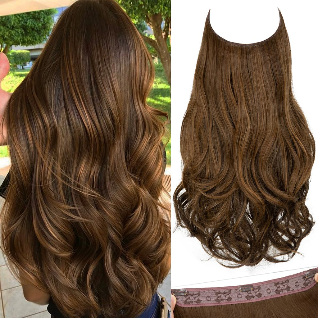 Invisible Wire Hair Extensions with 3 Clips Long Wavy Curly Synthetic Hairpiece for Women Adjustable Transparent Headband 18 Inch Chocolate