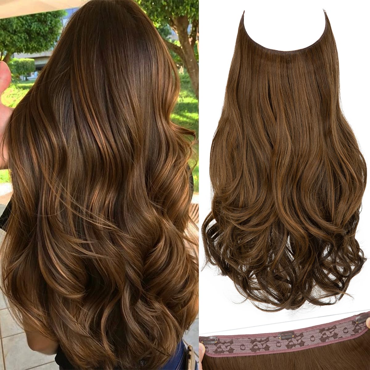 Invisible Wire Hair Extensions with 3 Clips Long Wavy Curly Synthetic Hairpiece for Women Adjustable Transparent Headband 18 Inch Chocolate