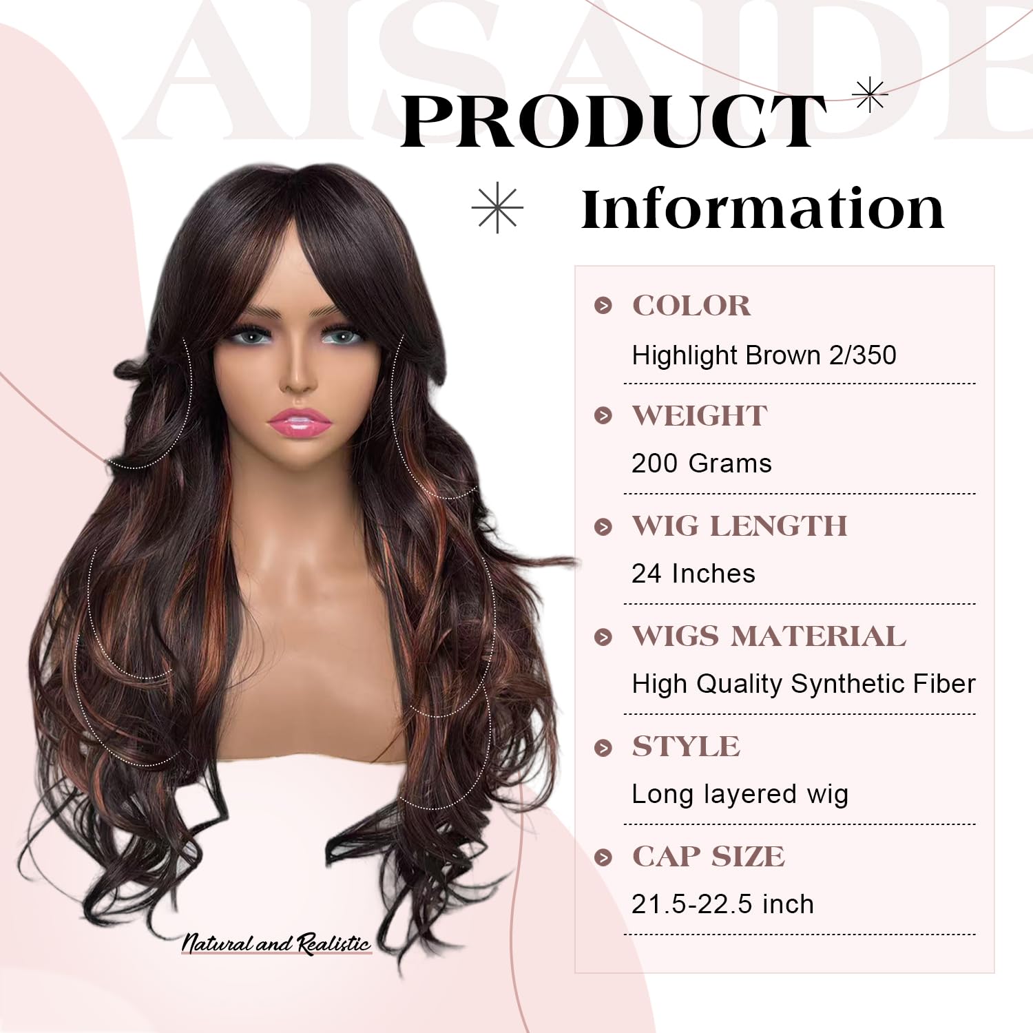 Long Wavy Highlight Brown Layered Wig with Curtain Bangs for Black Women Synthetic Ombre Brown Layered Wig Long Wavy Highlight Blonde Shaggy for Women 24 inch