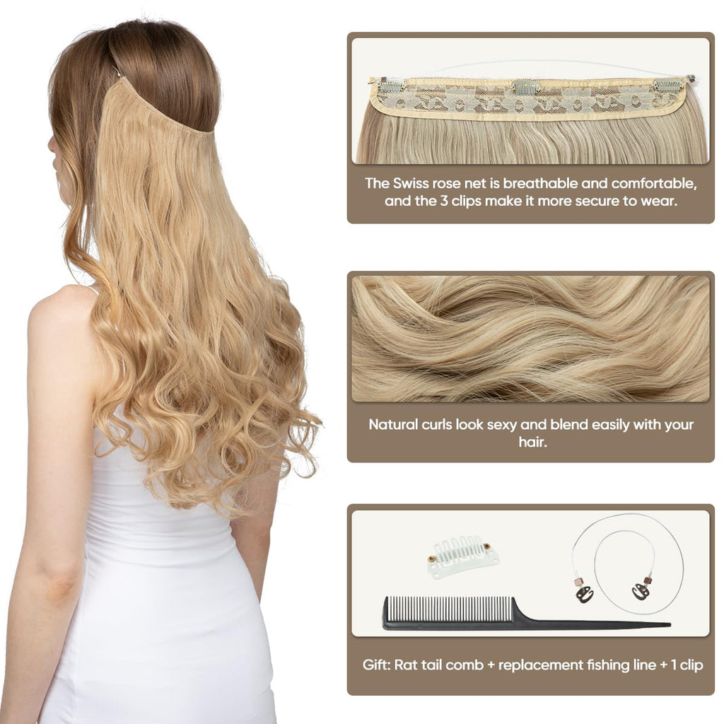 Invisible Wire Hair Extensions with 3 Clips Long Wavy Curly Synthetic Hairpiece for Women Adjustable Transparent Headband 18 Inch Chocolate