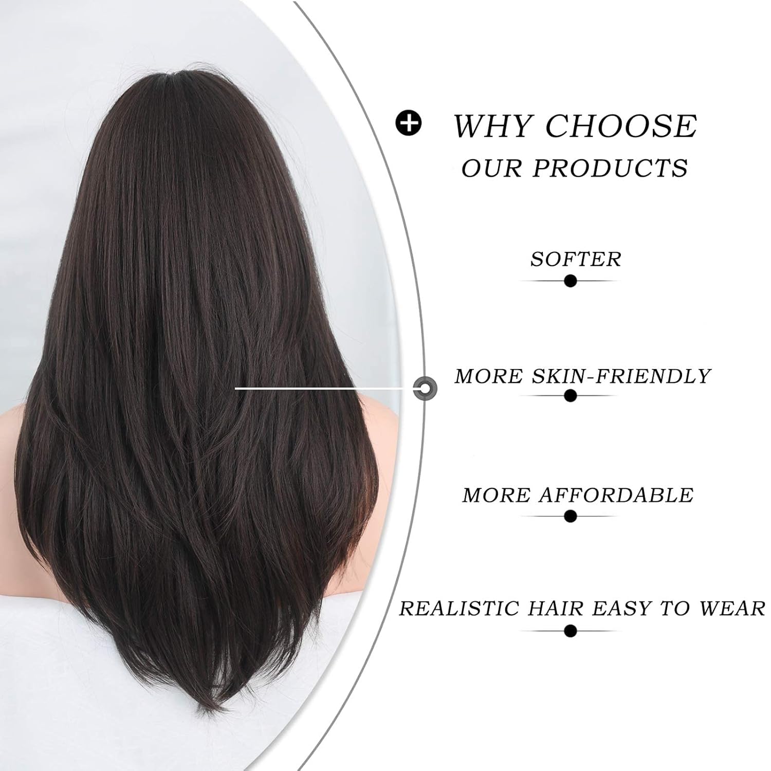 Long Natural Black Wig with Bangs Straight Wigs for Women,Heat Resistant Layered Synthetic Wigs for Daily Use