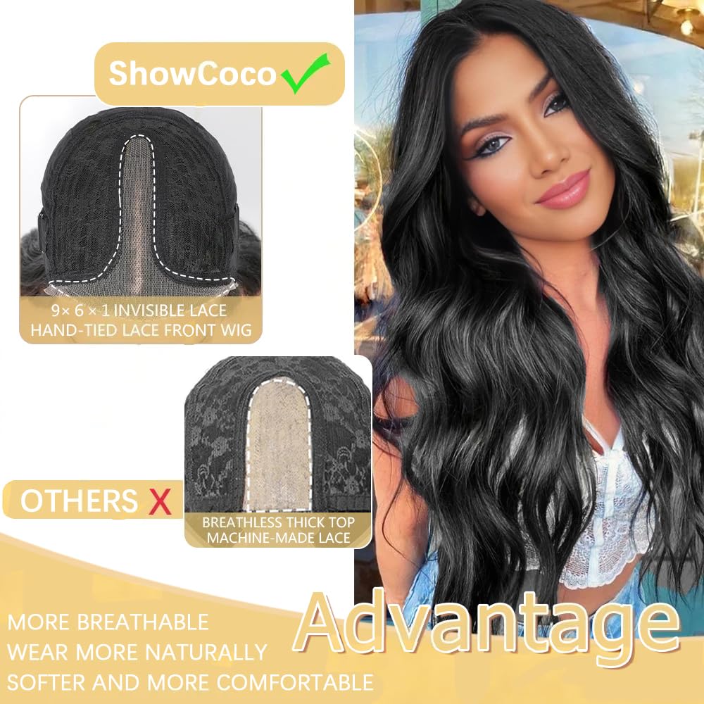 Black Wig for Women 26 Inch Pre Cut Hand-Tied Lace Long Wavy Natural Hairline Middle Part Hair Replacement Wigs for Women Beginners Natural Synthetic Wig for Daily Party 3 Seconds to Wear
