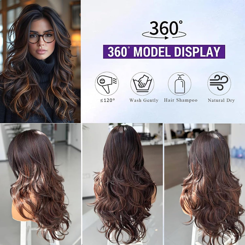 Long Wavy Highlight Brown Layered Wig with Curtain Bangs for Black Women Synthetic Ombre Brown Layered Wig Long Wavy Highlight Blonde Shaggy for Women 24 inch