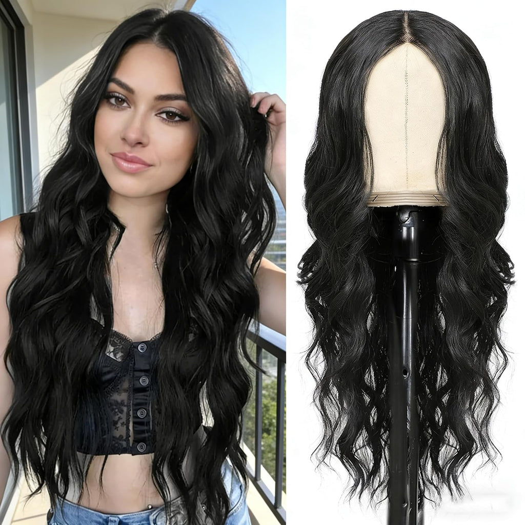 Black Wig for Women 26 Inch Pre Cut Hand-Tied Lace Long Wavy Natural Hairline Middle Part Hair Replacement Wigs for Women Beginners Natural Synthetic Wig for Daily Party 3 Seconds to Wear