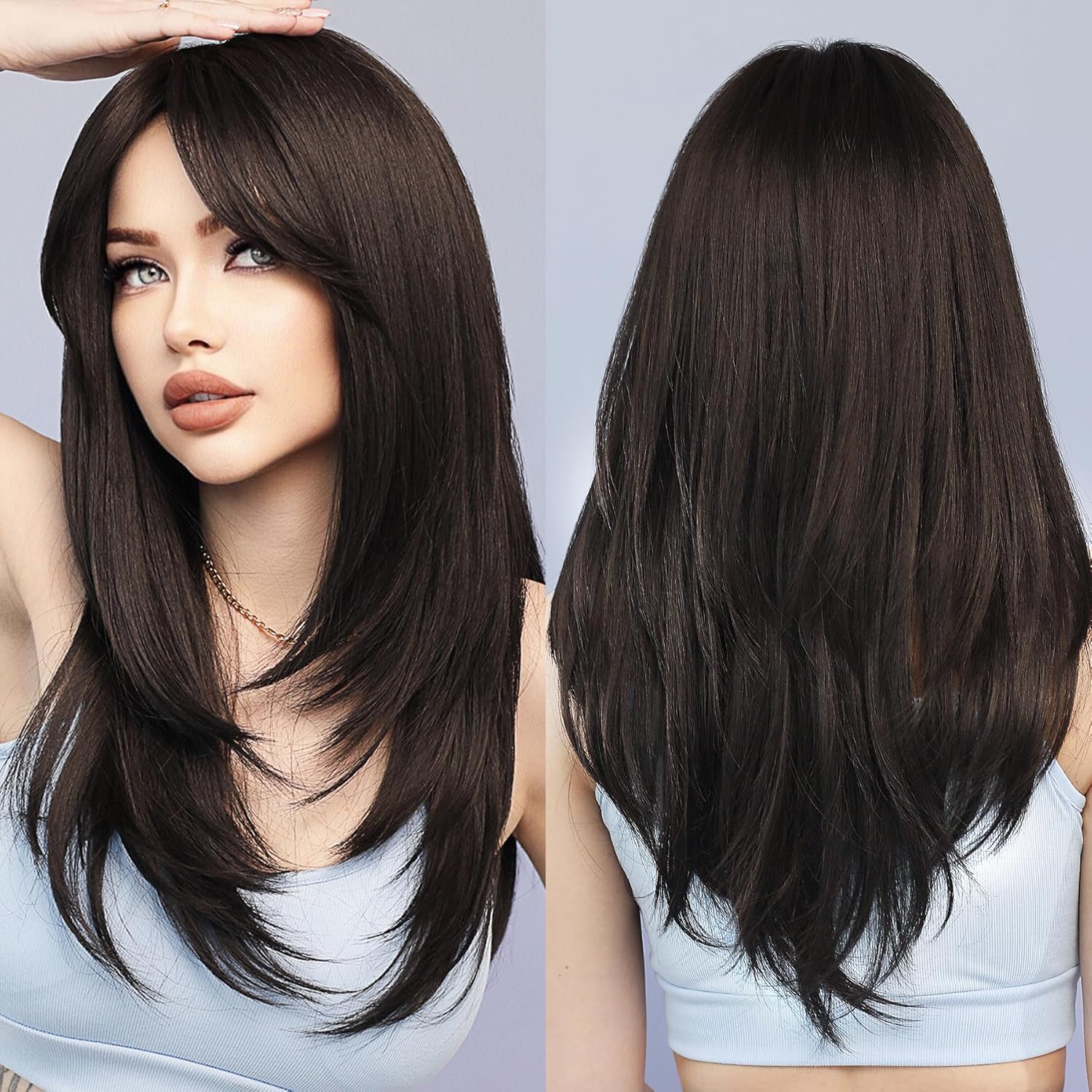 Long Natural Black Wig with Bangs Straight Wigs for Women,Heat Resistant Layered Synthetic Wigs for Daily Use